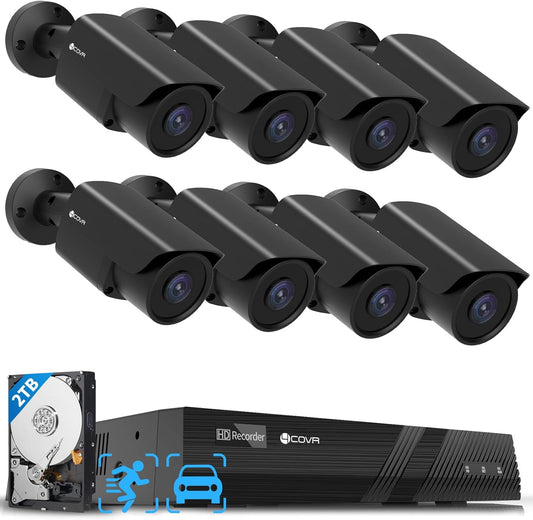 4COVR NVR Security Camera System, 8CH 4K H.265 NVR with 2TB HDD, AI Human Vehicle Detection & Night Vision, 8Pcs 5MP Commercial IP67 Bullet PoE IP Camera Built-in Mic, 24/7 Recording, LY37EB5M0808