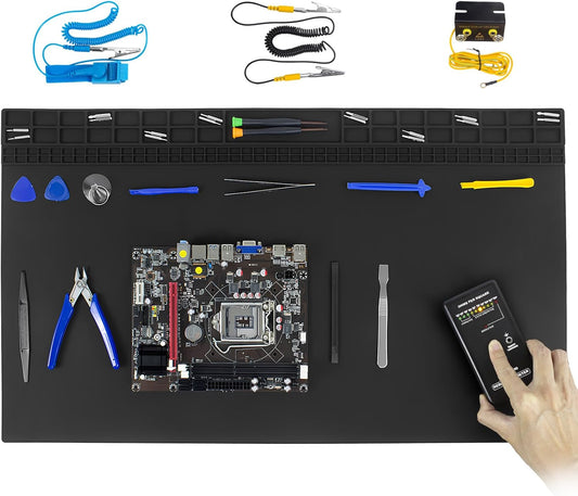 Anti Static Soldering Mat, Extra Large 27.6" x 15.7" Heat Resistant 932°F Large Silicone ESD Safe Work Mat with Grounding Accessories and Anti Static Wrist Strap (Black)