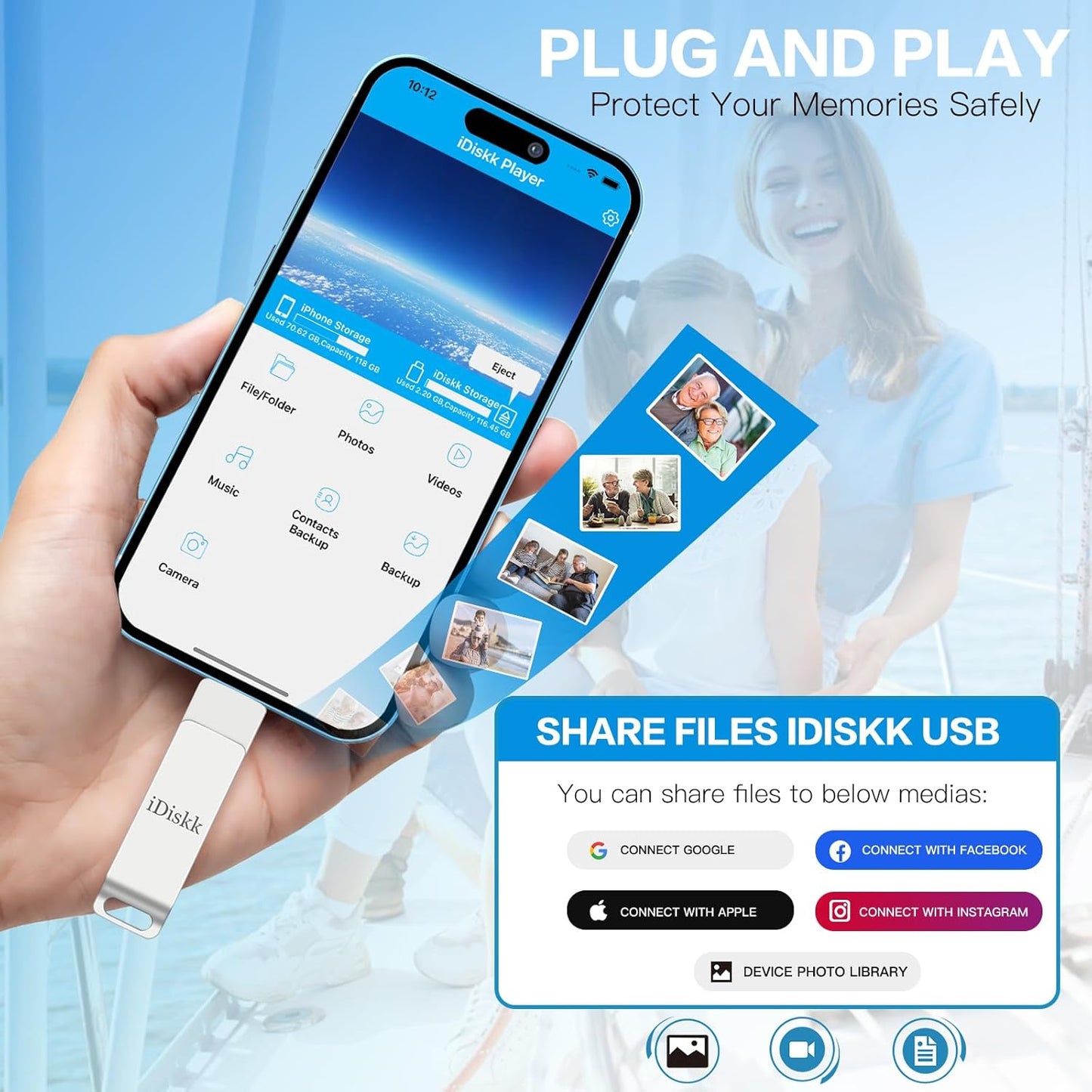 iDiskk 256GB iPhone Photo Storage Stick MFi Certified Flash Drive Photo Stick for iPhone (14/13/12/12 pro/12 pro max/11/11 Pro/XR/X) Flashdrive for iPhone iPad MacBook/Laptops/PC for Photos Videos