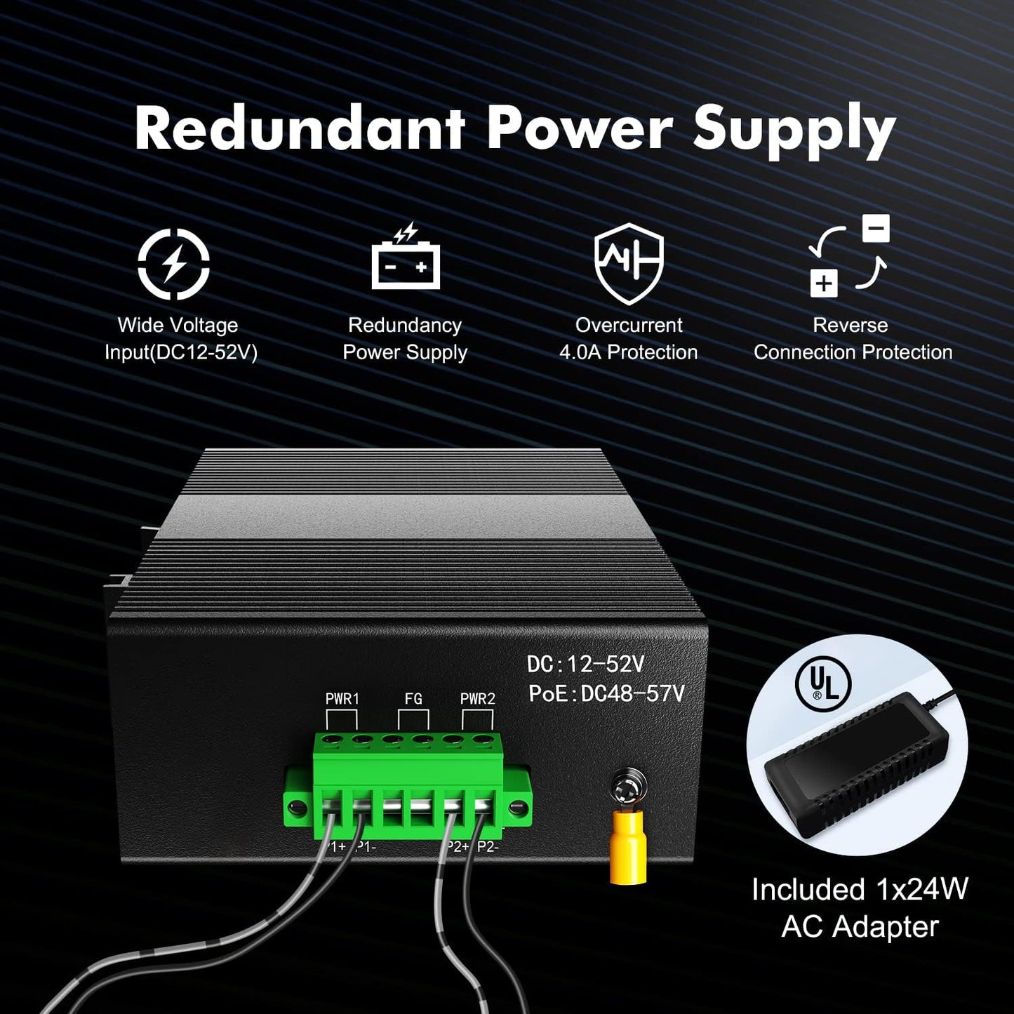 MokerLink 5 Port Industrial DIN-Rail Network Switch, 10/100Mbps Fast Ethernet, IP40 Rated Network Switch (-40 to 185°F), with UL Power Supply