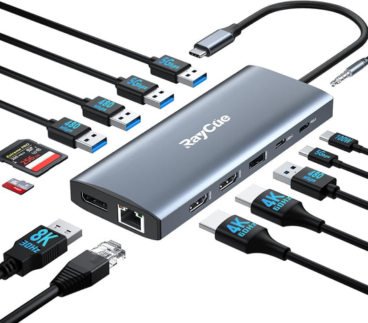 14 in 1 Triple 4K Display USB C Docking Station, Single DisplayPort Up to 8K@30Hz/ 4K@144Hz/ 4k@120Hz, USB C Hub Multiport Adapter Dongle with 2 HDMI, 7 USB Ports, 100W PD, Ethernet, Audio