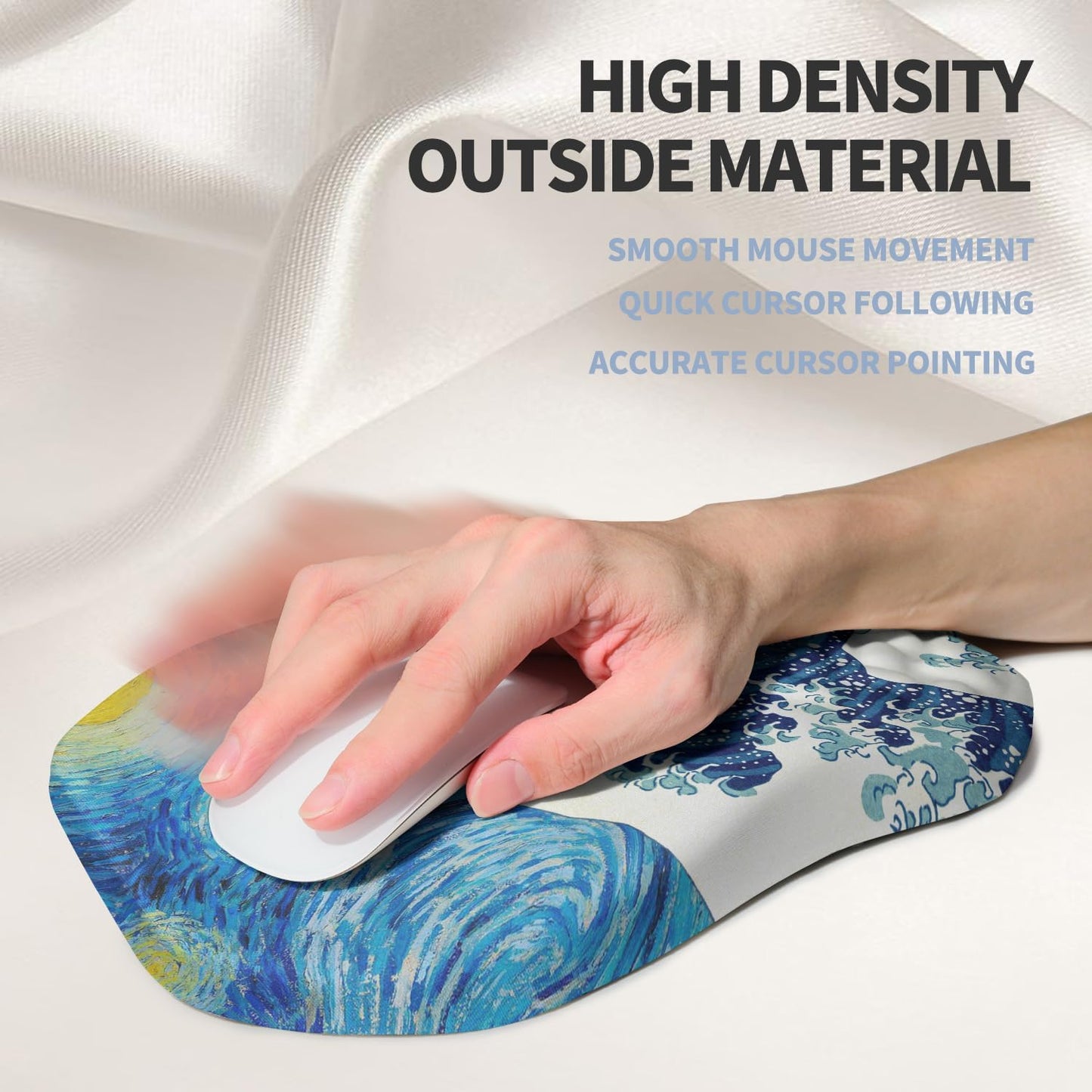 Ergonomic Raised Mouse Pad Wrist Support with Bilateral Slope Memory Foam Mousepad for Wrist Rest and Carpal Tunnel Pain Relief 11.8x7.9〃Starry Night Waves