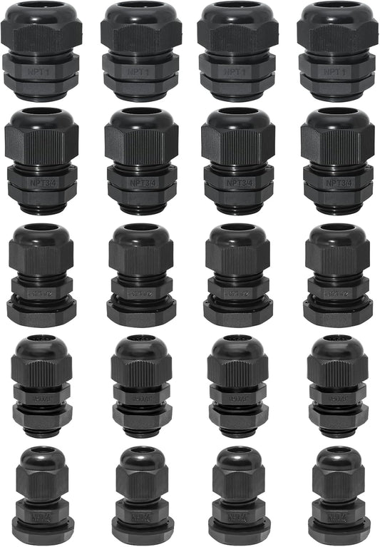 20 Pcs Nylon Cable Gland Kit, IP68 Waterproof Adjustable Cord Grip Cable Connector Strain Relief Wire Protectors, 1/4" 3/8" 1/2" 3/4" 1", Black