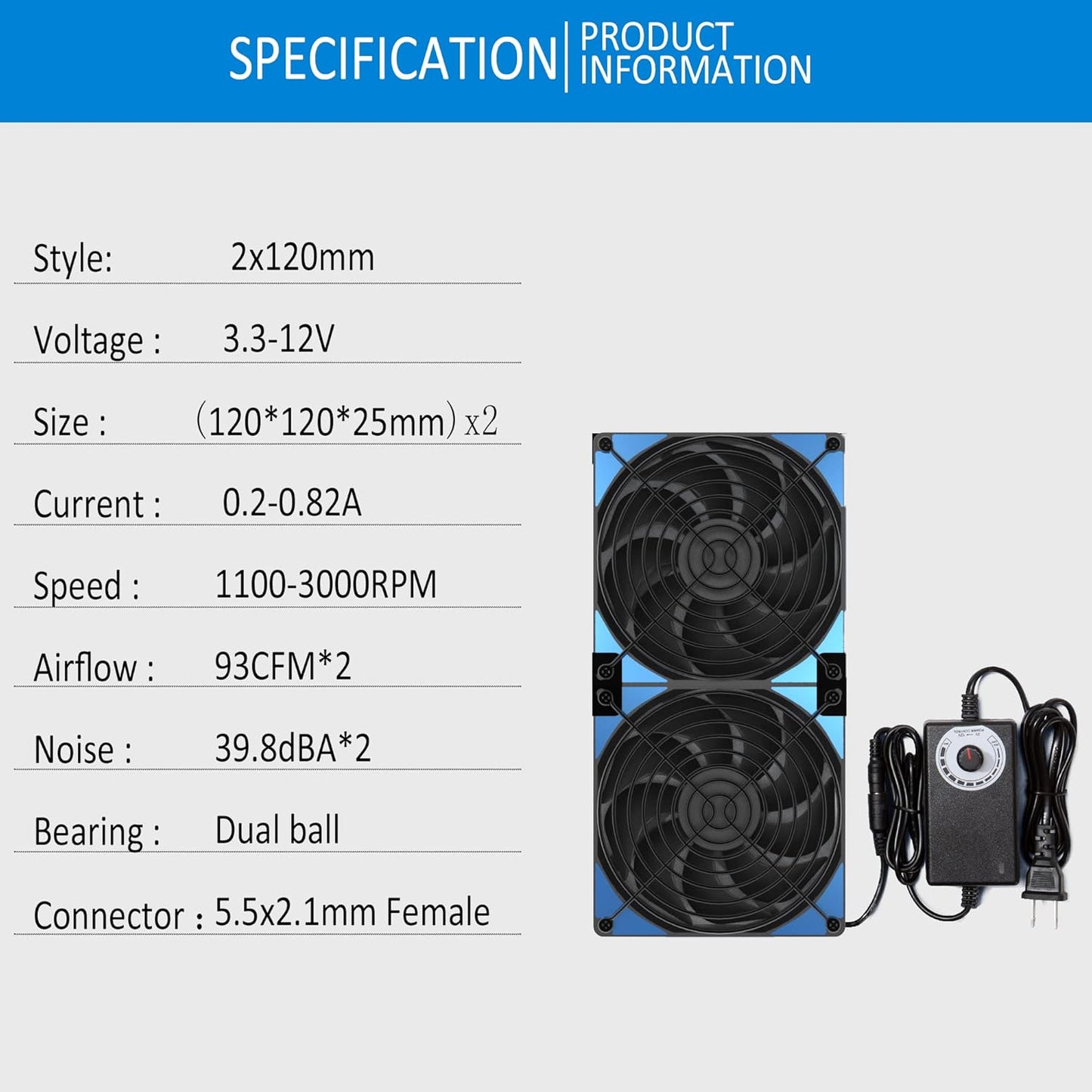 240mm Adjustable Computer PC Vent Fan 3-12V Speed Controller for Chicken Coop Rack Space Window Wall Cabinet Server Mining Rig Exhaust Cooling