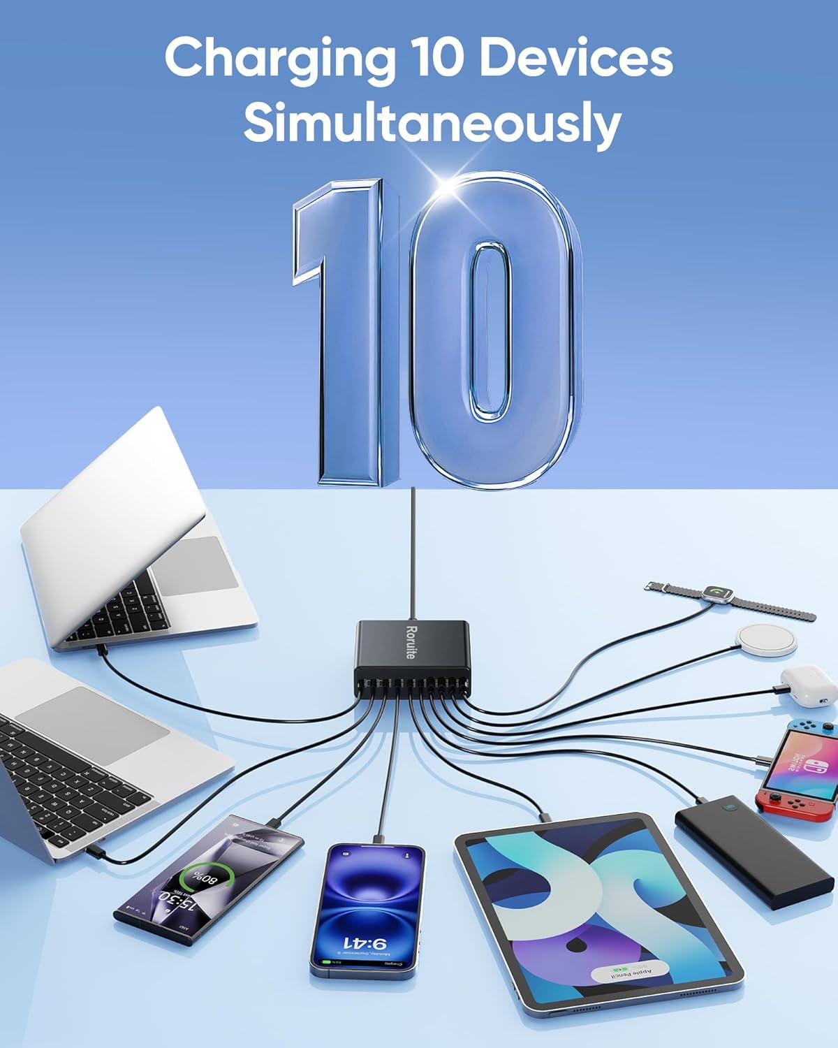 460W USB C Charger Block, 10-Port Charging Station GaN Fast Charger Block Type C & USB A Wall Charger, Dual 65W Laptop Multiport for iPhone, iPad, MacBook Pro/Air, Samsung Galaxy, Android(Black)