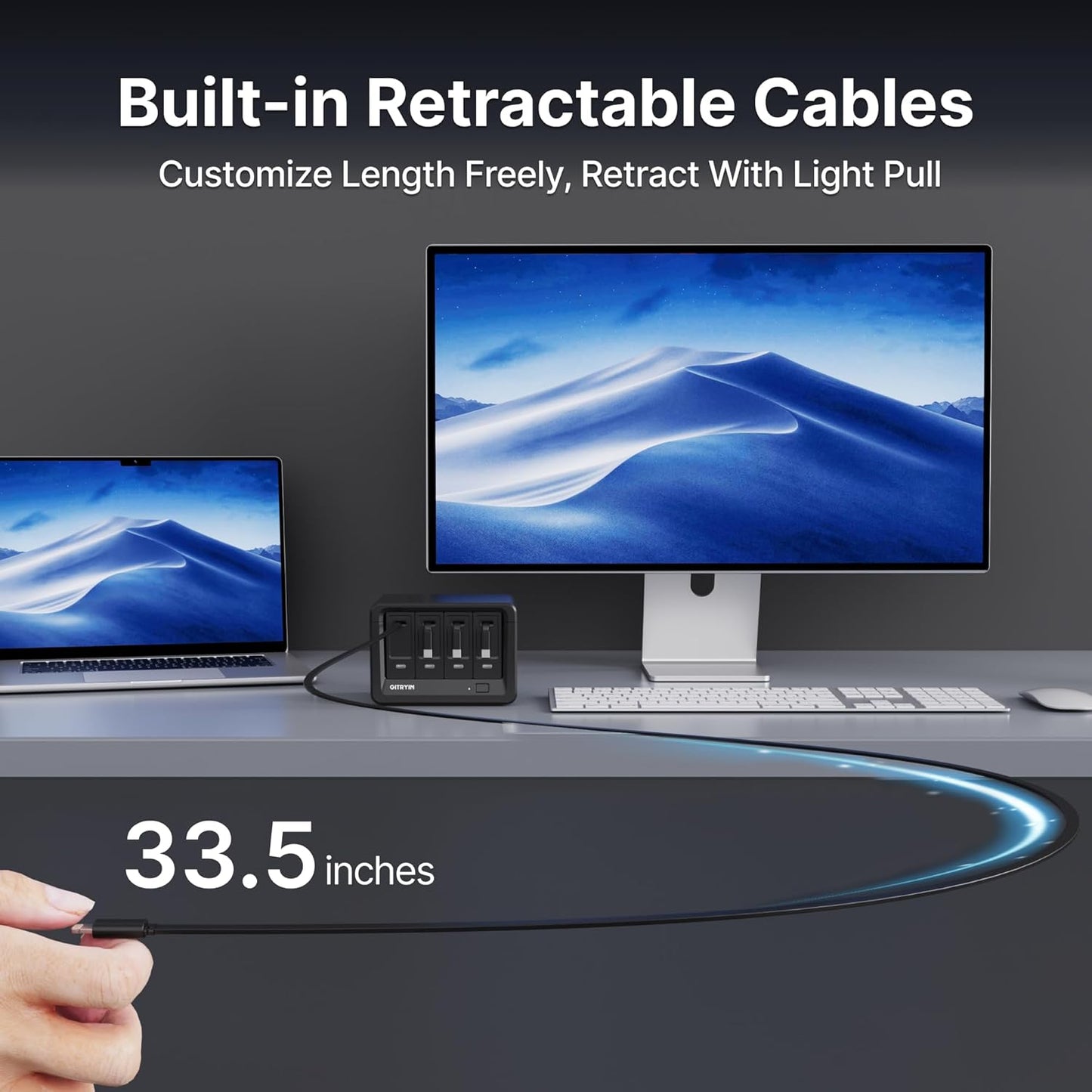 Gitryin 12-in-1 Desktop Charging Station with 3 Retractable Type-C Chargers and 1 Lightning Charger, 40W USB-C Power Strip with Flat Plug, Extension Cord with 1020J Surge Protection for Home Office