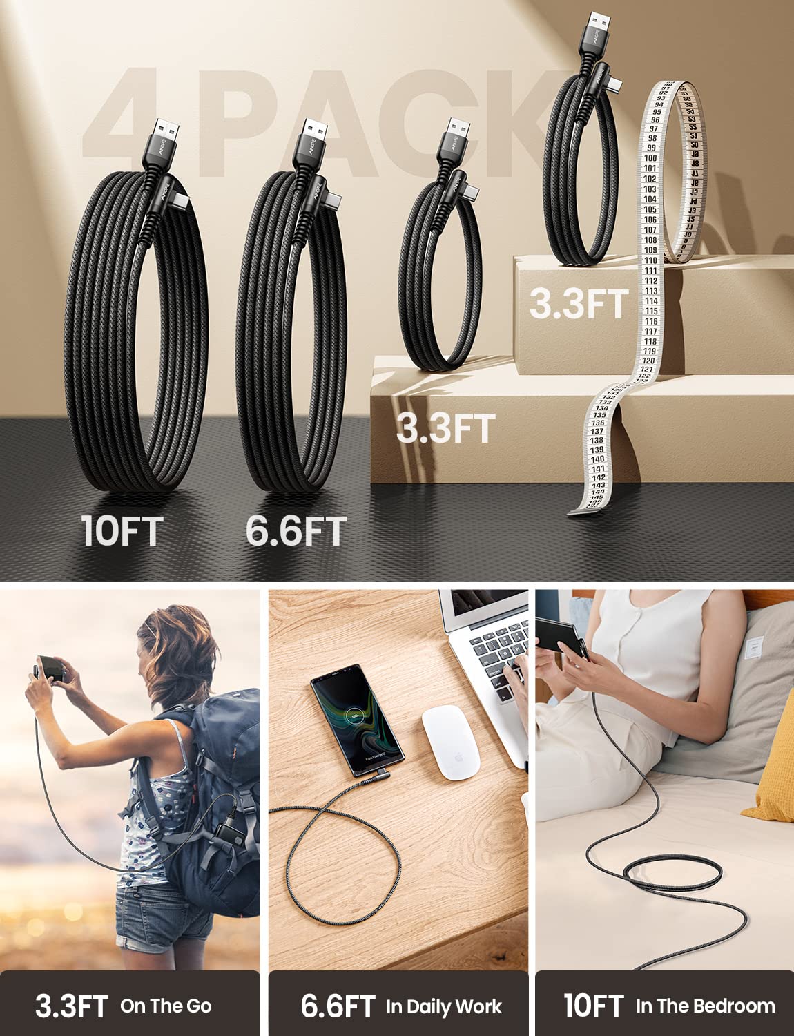 AINOPE USB Type C Cable [4-Pack 3.3ft/3.3ft/6.6ft/10ft] 3.1A Fast Charging USB to USB C Cable, Nylon Braided USB C Charging Cable Compatible with Galaxy S21+ Ultra, iPad mini/Air/Pro, Pixel 6X