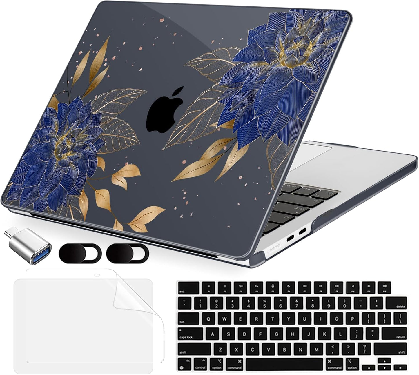 Compatible with MacBook Air 15 inch Case, M4 A3241/M3 A3114/M2 A2941 (Released 2025 to 2023), Hard Shell, Keyboard Cover, Screen Protector, Webcam Cover & Type-C Adapter, Dahlia Flowers