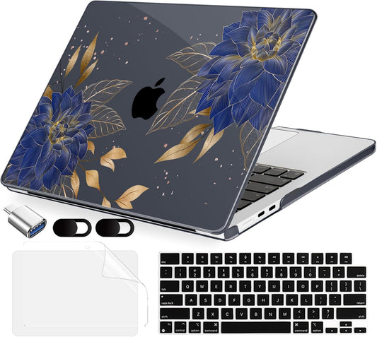 Compatible with MacBook Air 15 inch Case, M4 A3241/M3 A3114/M2 A2941 (Released 2025 to 2023), Hard Shell, Keyboard Cover, Screen Protector, Webcam Cover & Type-C Adapter, Dahlia Flowers