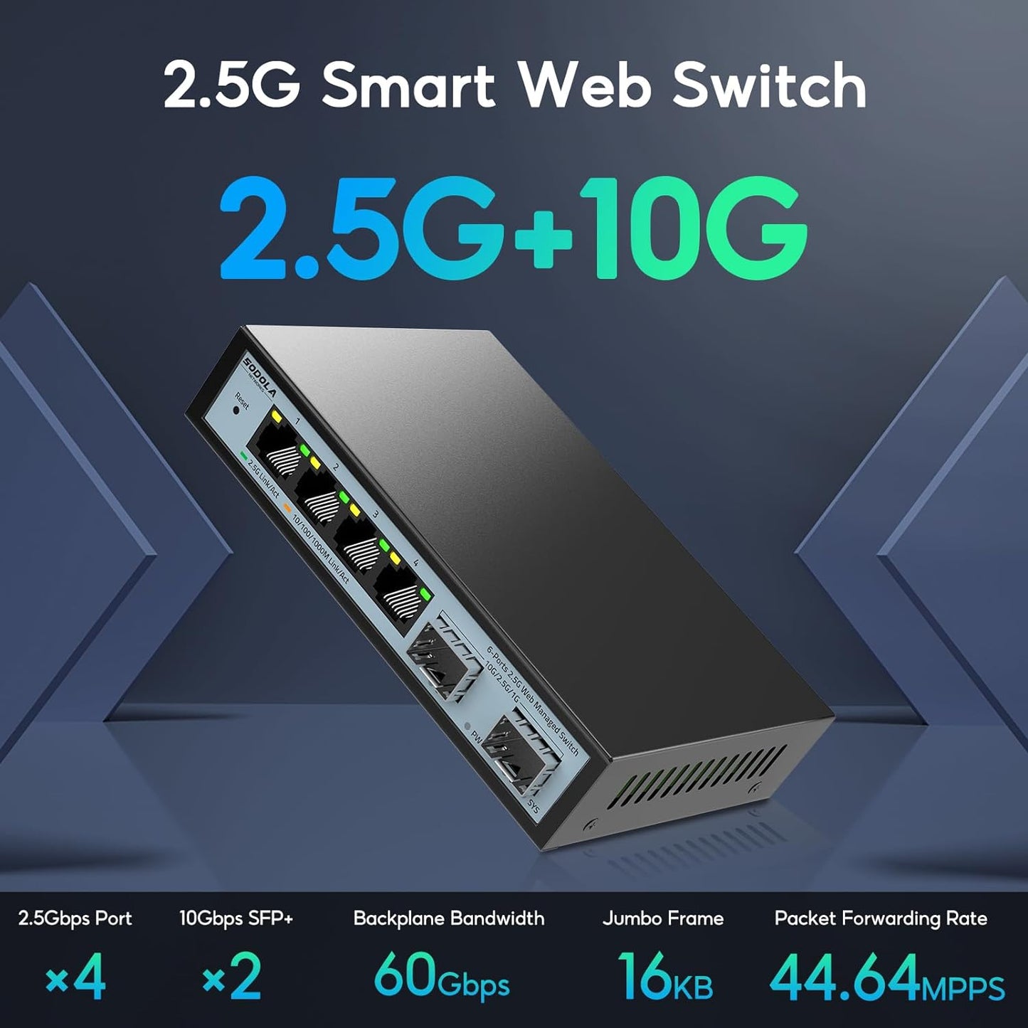 SODOLA 6 Port 2.5G Easy Web Managed Switch, 4 x 2.5G Base-T Ports, 2 x 10G SFP+, Static Aggregation,QoS/VLAN/IGMP, 2.5Gb Network Homelab Switch