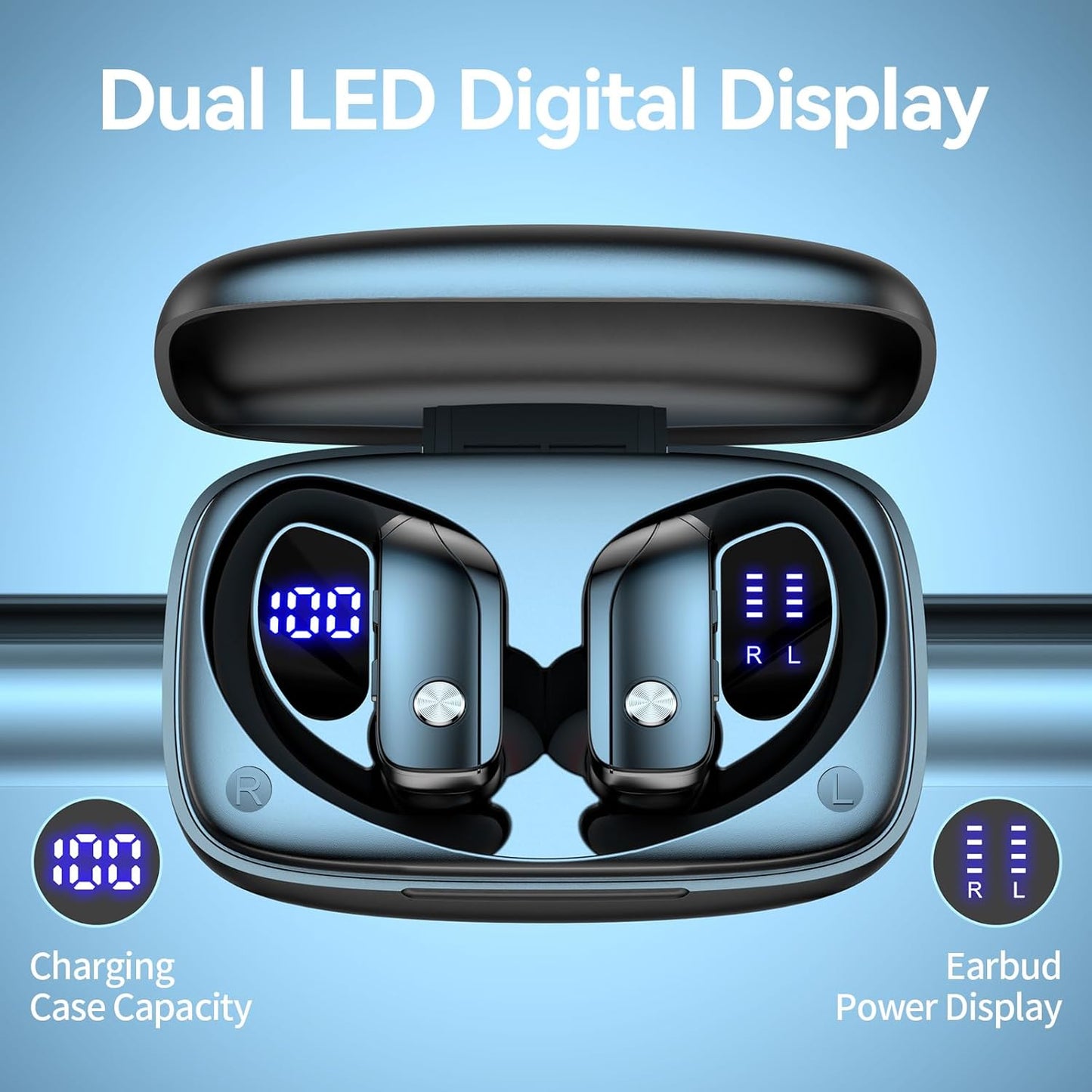 bmani Wireless Earbuds Bluetooth Headphones 48hrs Play Back Sport Earphones with LED Display Over-Ear Buds with Earhooks Built-in Mic Headset for Workout Black