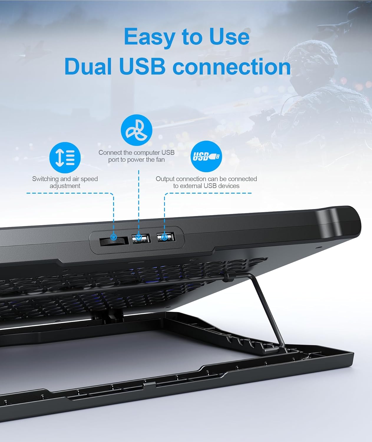 Laptop Cooling Pad Stand, Laptop Cooler with 2 Silent Fans for 10-15.6 Inch Laptops,6 Levels of Height Adjustable Wind Speed with 2 USB Ports (Black)