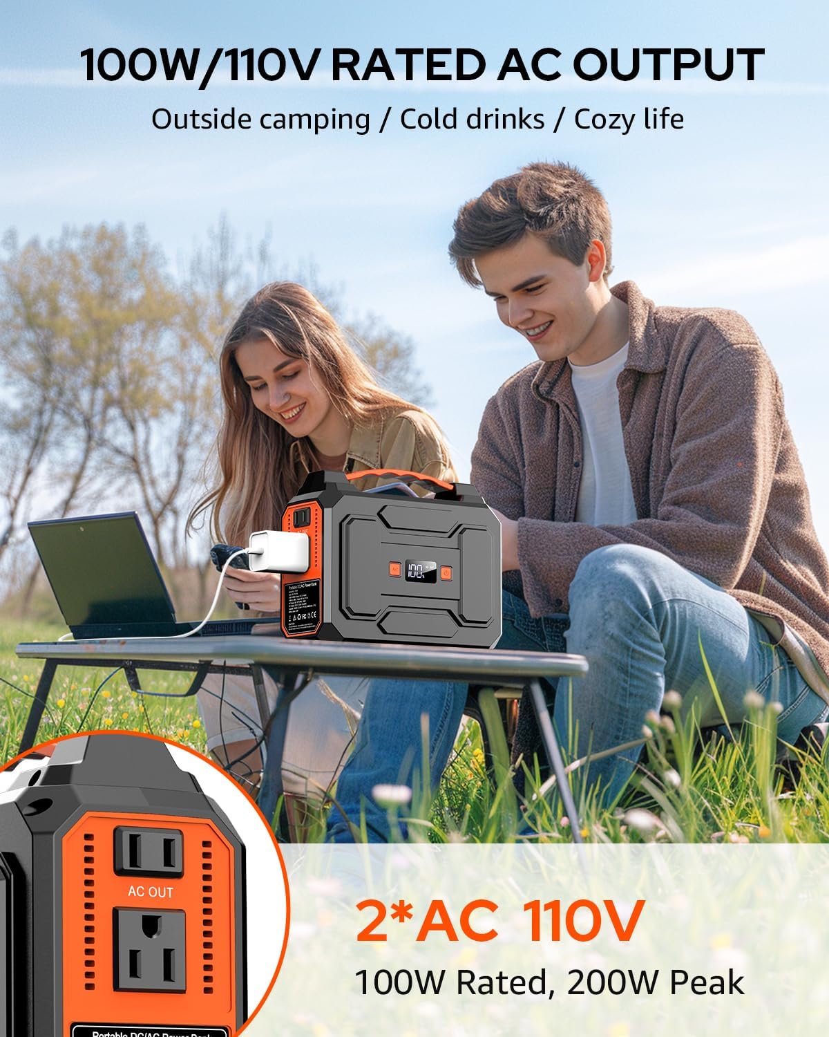 Apowking Portable Power Station Bank 146Wh 200W Peak(100W Rated), Solar Powered Power Bank with AC Outlet 110V for Camping, Solar Charger Power Bank Battery Pack 39600mAh for Home Outdoor Emergency
