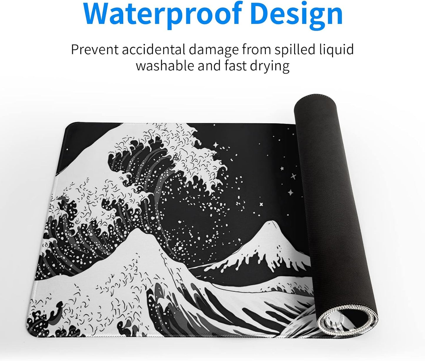 Black and White Japanese Wave Dragon Gaming Mouse Pad - Abstract Mat with Non-Slip Rubber Base, 31.5x11.8 Inch, Stitched Edges - Desk Pad for Office and Home