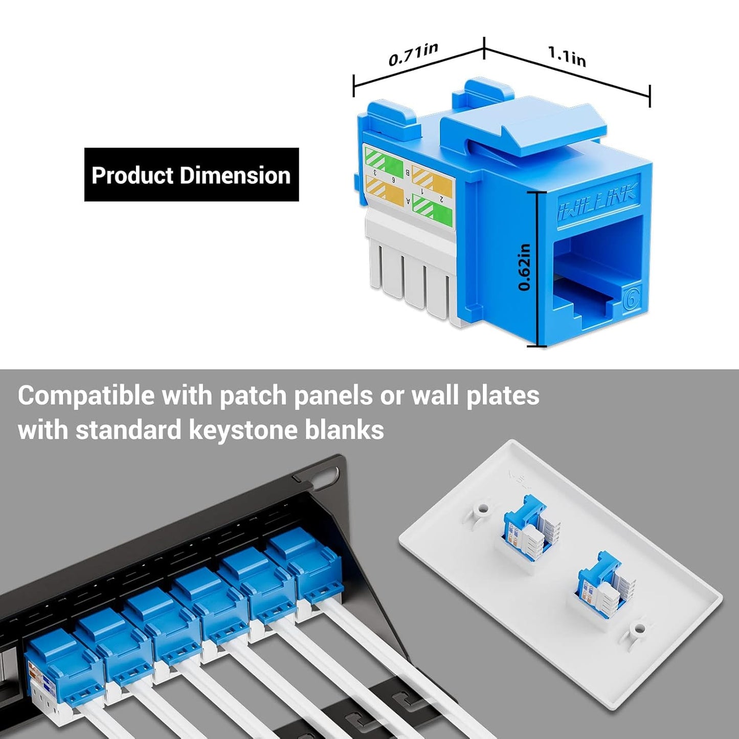 iwillink 10Gbps Cat6 Keystone Jack, RJ45 Keystone Jack 25-Pack and Keystone Punch-Down Stand, UTP Modular Ethernet Jack Insert 90-Degree, Punch Down Keystone Jack Adapter, Blue