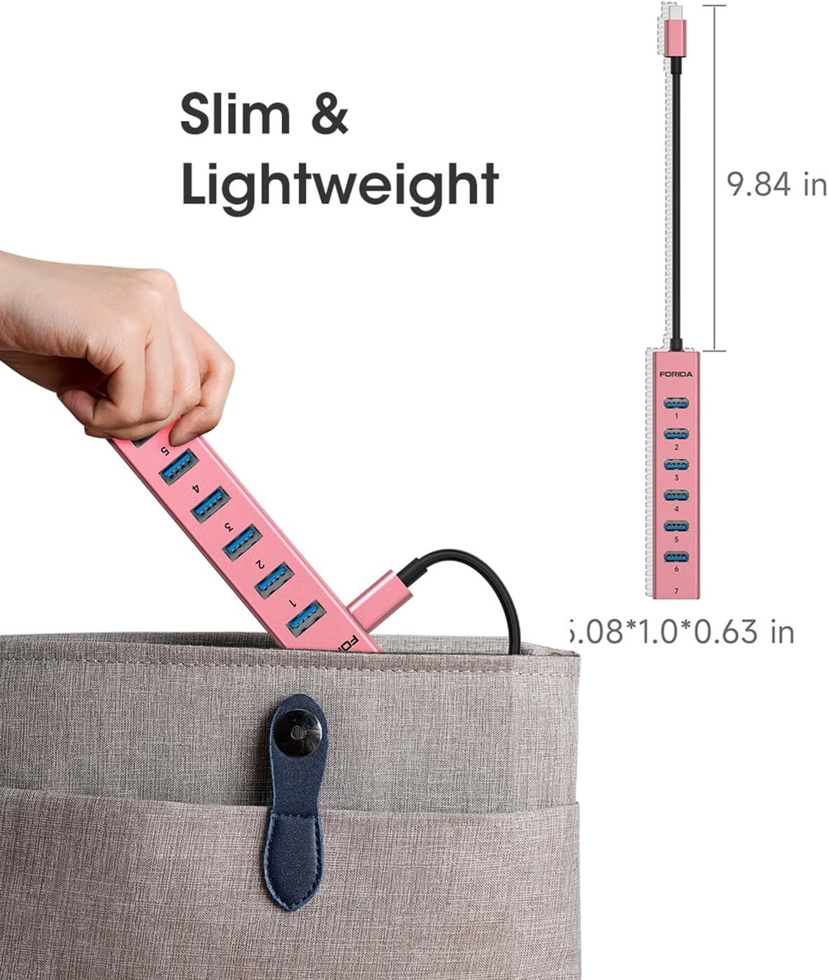 FORIDA USB C Hub-8 Port USB HUB with 7 USB3.0 Data Ports,Aluminum Alloy USBC Splitter with Type C 5V/3A Power Port Compatible with MacBook,iPad,Surface Pro,Laptop,PC (Rose Gold,USB C-9.8in)