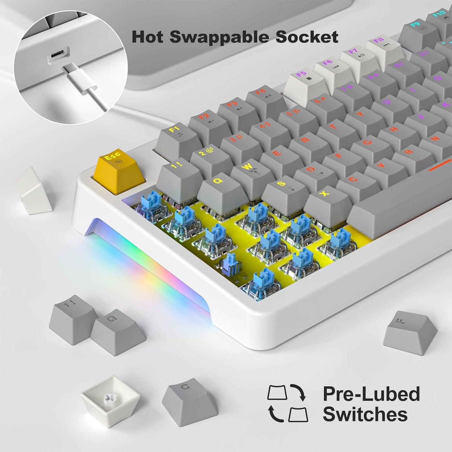 AK96 Smart Mechanical Keyboard Gaming, 96 Keys Full Size with LED Colorful Backlit, Clicky Creamy Sounding, USB Wired Computer Keyboard with Volume Knob for PC, Mac, Windows(Grey)