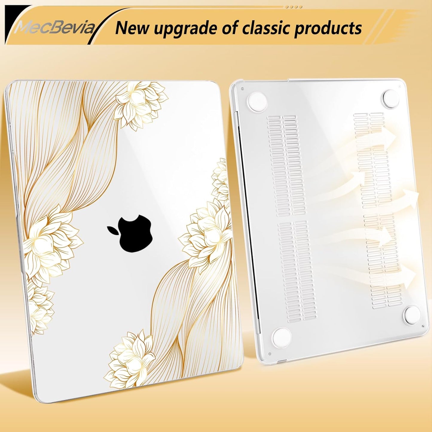 Compatible with MacBook Air 13.6 inch Case, M4 A3240/M3 A3113/M2 A2681 (Released 2025 to 2022), Hard Shell, Keyboard Cover, Screen Protector, Webcam Cover & Type-C Adapter, Gold Lace Flower