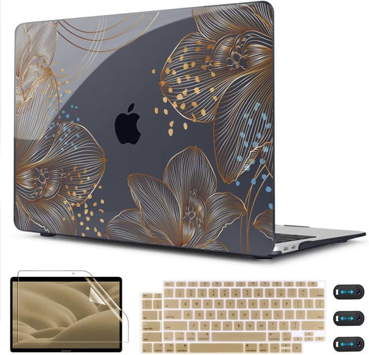 CISSOOK for MacBook Air 13 inch Case 2021 2020 2019 2018 Model M1 A2337 A2179 A1932, Black Hard Shell Case & Keyboard Cover & Screen Protector for MacBook Air 13 with Touch ID, Gorgeous Gold Floral