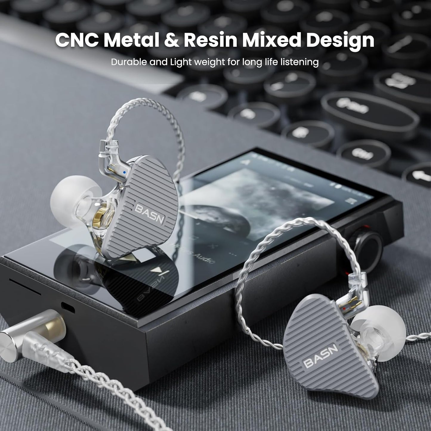 BASN Mix-PD in Ear Monitor,1Planar Driver + 1Dynamic Driver HiFi IEM Earphones with CNC Crafted Metal Cover, Wired 0.78mm 2-Pin Silver Plated Detachable Cable for Musicians (Metallic Grey)