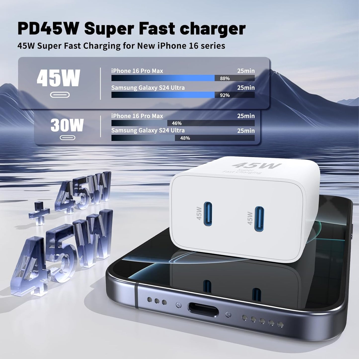 iPhone 16 15 Pro Max Charger Fast Charging,45W Dual Port USB C Fast Charger Block [2-Pack] & Extra Long 60W 3/6/10/10FT USB C Cable - PD Quick Adapter 3.0 for iPhone 16 15/16 15Pro/16 15 Plus.