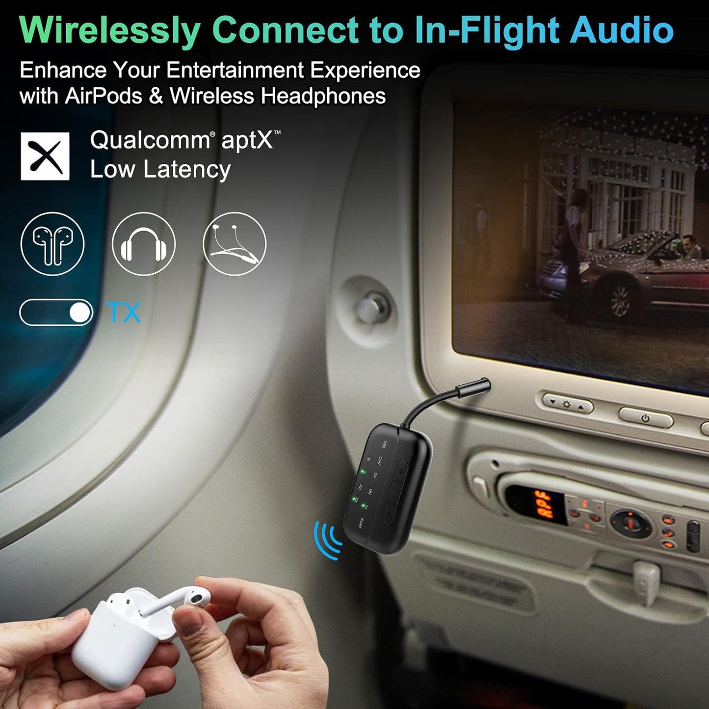 Bluetooth Transmitter Receiver, 2-in-1 V5.3 Wireless Adapter for Airplane, TV, PC, Gym, Switch. Supports up to 2 AirPods/Headphones. Audio Receiver for Car/Home Stereo,with AptX Low Latency & HD