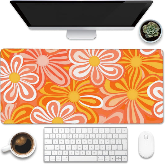 Desk Pad,Hippie Vintage Orange Flowers Desk Mat,Retro Floral Large Gaming Mouse Pad for Desk,Extended Big Computer Keyboard Mouse Pad with Non-Slip Base and Stitched Edge,35.4"x15.7"