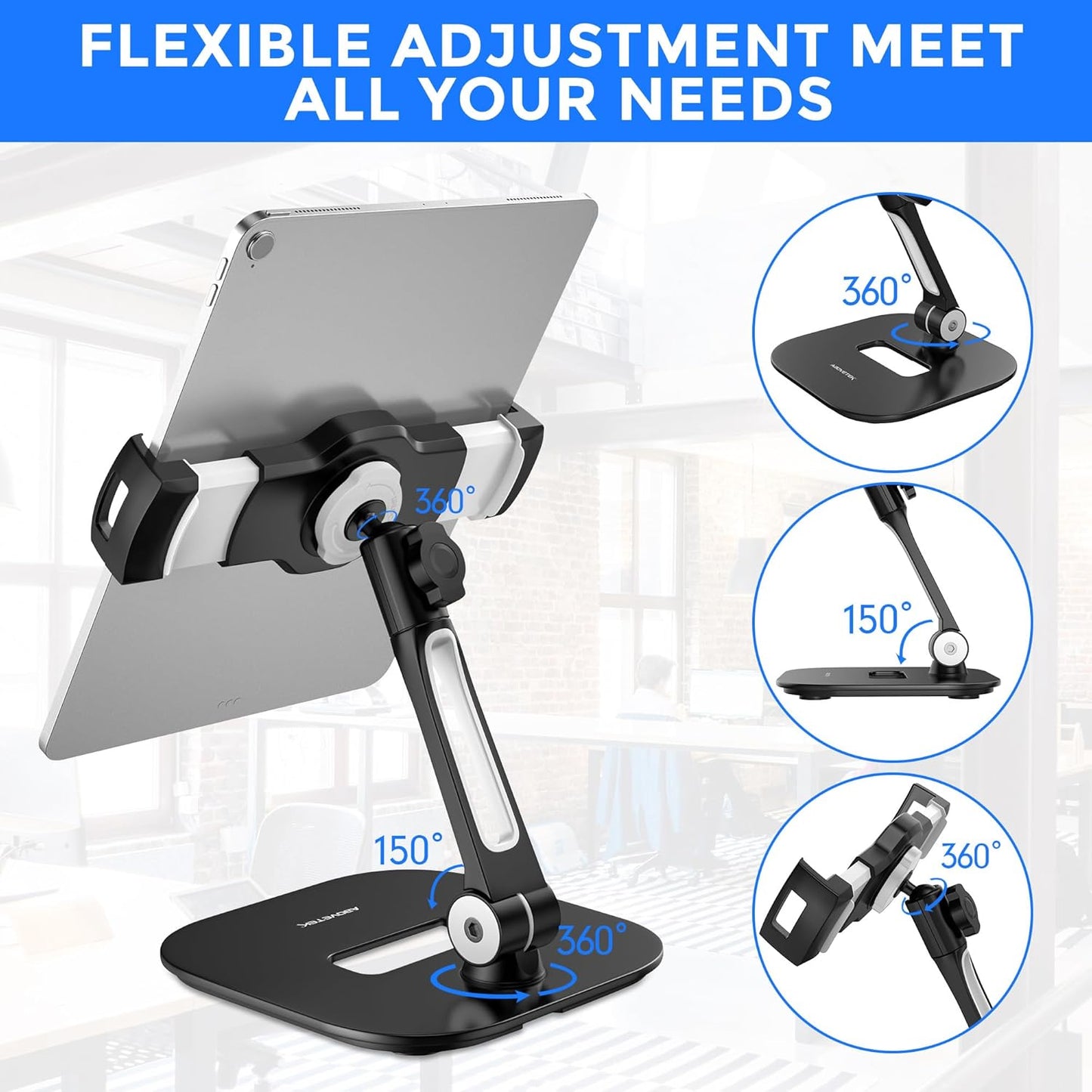 AboveTEK Tablet Stand Holder, Stylish Aluminum iPad Stands, Foldable 360° Swivel Table Stand Holder fits 4-11" Tablets/Smartphones for Kitchen Bedside Office POS Showroom Reception (Black)