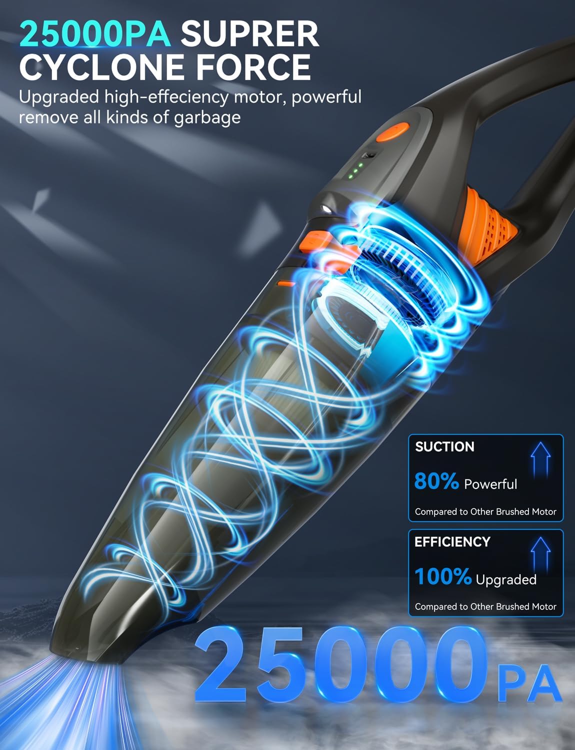 GHUSTAR Handheld Vacuum Cordless - 25000PA Strong Suction Hand Held Car Vacuum Cleaner Portable with Multi-Nozzles - Lightweight Dust Busters Rechargeable for Home Car Office Pets 2 Levels