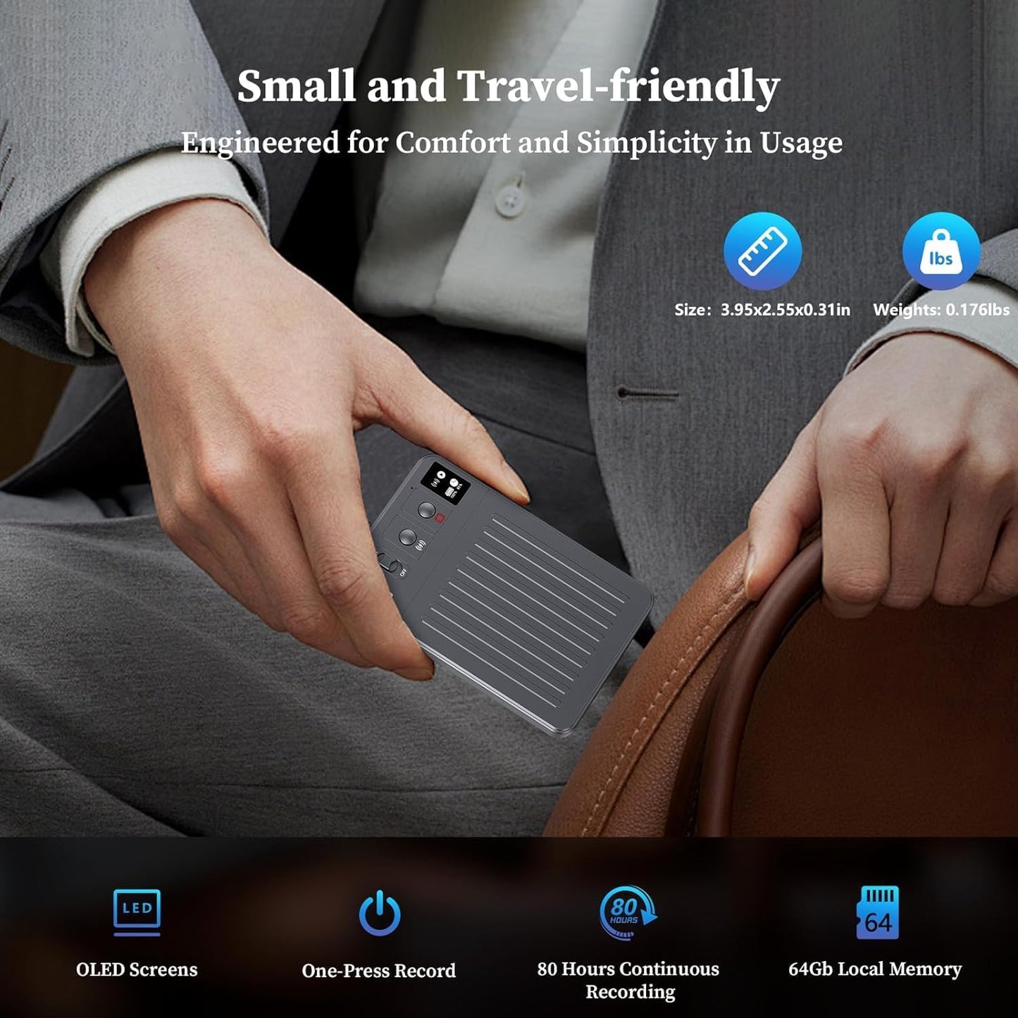 AI Voice Recorder - 64GB Voice Recorder with Free Transcribe & AI Summary by ChatGPT, APP & Web Control, 121 Languages, Wireless Charging, for Meetings/Calls (Grey)