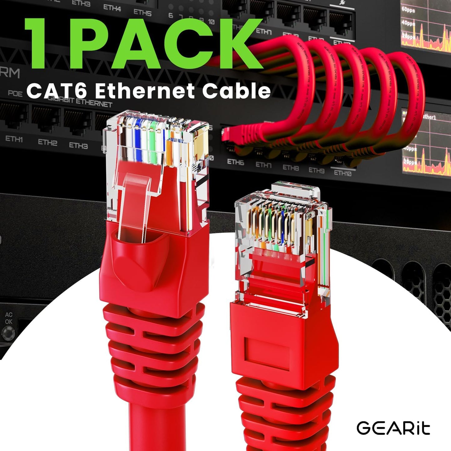 GEARit Cat 6 Ethernet Cable (1-Pack 50 Feet) Cat6 Network Patch, 10Gbps, RJ45, Snagless Cord, Gold-Plated Connectors, Internet for PC, TV, Tablet, Router, Printer, Servers, IT Data Center - Red