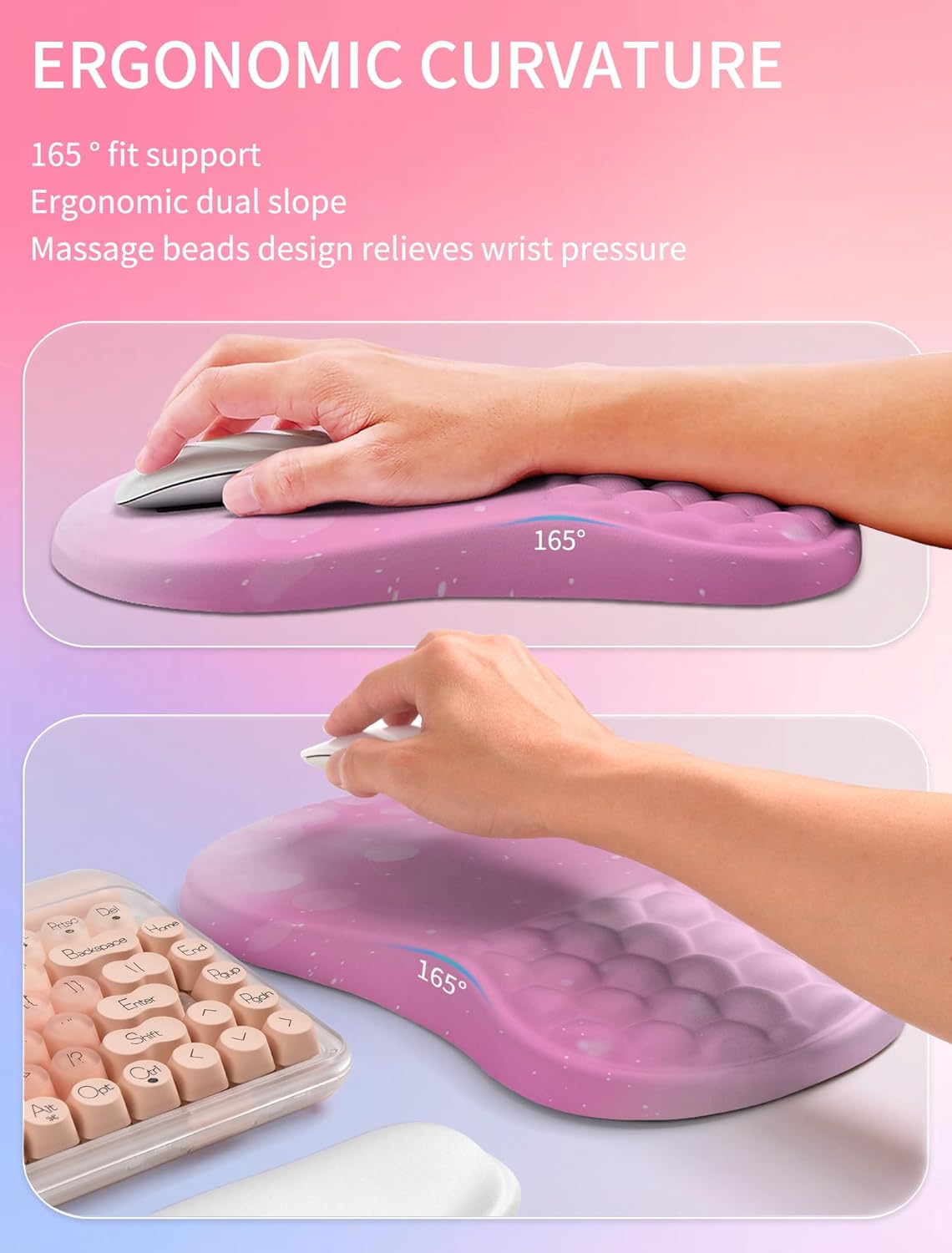 Hokafenle 2in1 Combination, Wave Keyboard Wrist Rest and Ergonomic Curvature Mouse Pad Wrist Support for Relieve Wrist Pain, Filled with Soft Cushion Memory Foam, Romantic Pink