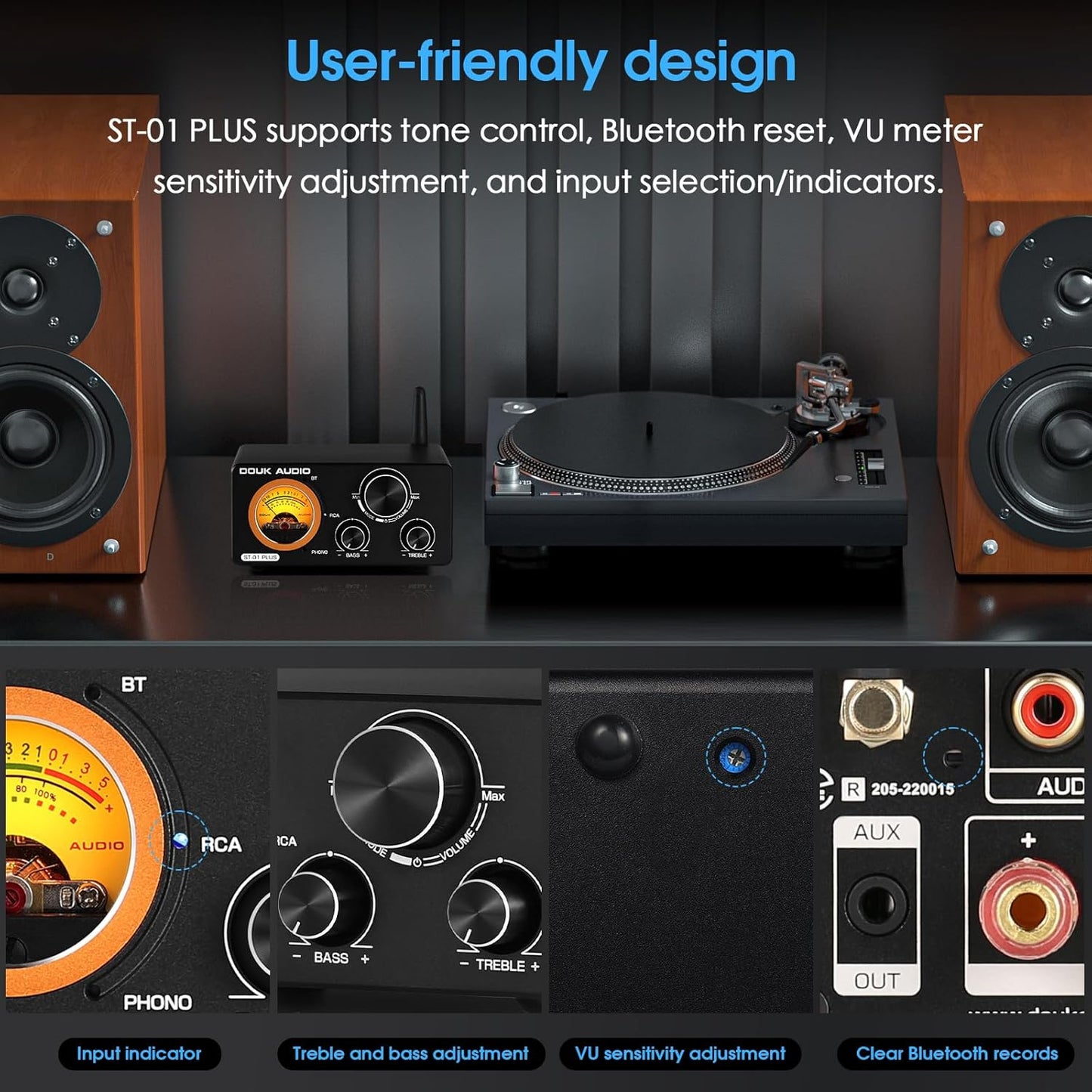 Douk Audio 2 Channel TPA3255 Bluetooth Amplifier 300W x2, Turntable Phono Amp with VU Meter, Treble Bass Control for MM Record Players, Home Theater Speakers (ST-01 Plus)