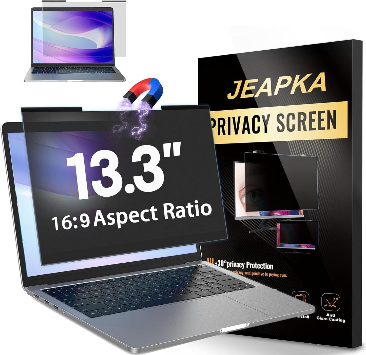 Magnetic Laptop Privacy Screen Filter 13.3 inch for 16:9 Widescreen Computer Monitor, Removable Anti Blue Light Privacy Shield, Anti-Glare Protector