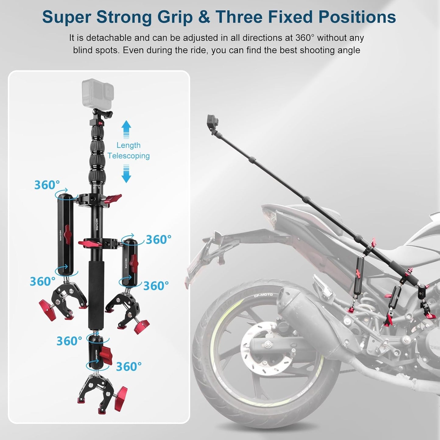 Motorcycle Mount kit for Insta36O X5 X4, Bike Handlebar Clamp Mount and 59" Invisible Selfie Stick Bundle Kit, Heavy-Duty Super Clamp Camera Ebike ATV Mount for G02/3 /3S/Ace, GoPr0 13,JC017