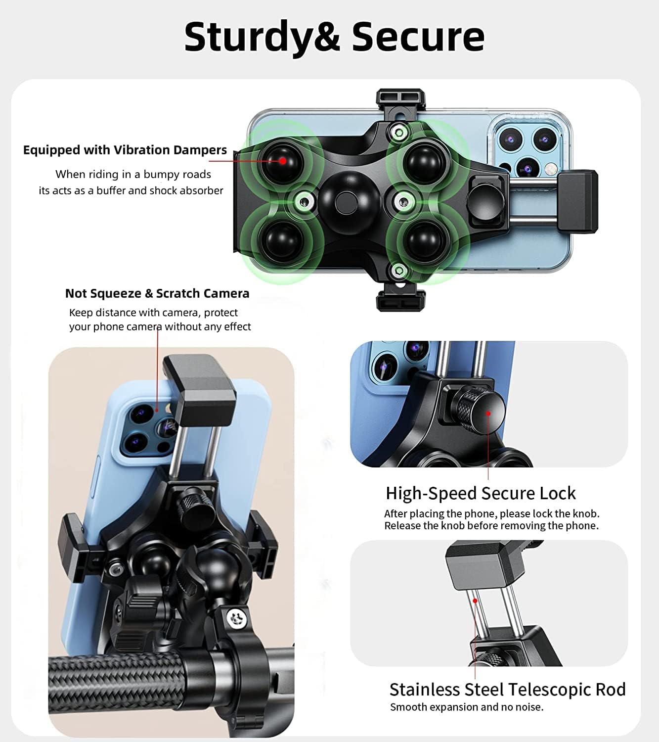 Kewig Motorcycle Phone Mount- [Vibration Dampener] [High-Speed Secure Lock] Motorcycle Cell Phone Holder, Bike Phone Handlebar Mount for 4.7-7.2" Smartphone