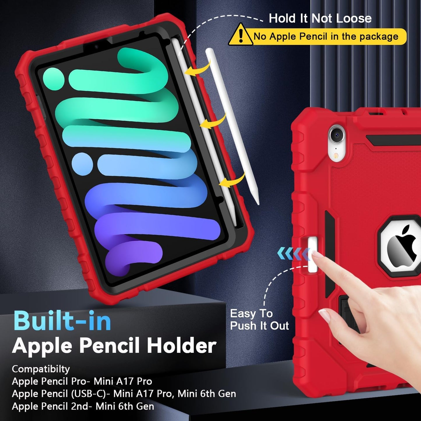 Grifobes Case for iPad Mini 7 (A17 Pro) 2024 / Mini 6 2021 8.3 inch, Heavy Duty Shockproof Rugged Cover with Pencil Holder Stand, for I Pad Mini 7th/6th Gen 8.3" Case for Kids Boys (Red+Black)