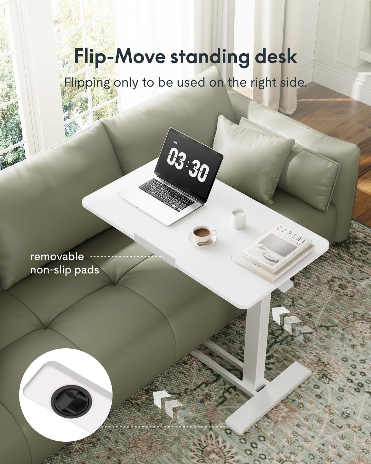 FLEXISPOT H7 PRO Mobile Standing Desk Adjustable Overbed Table Pneumatic with Wheels 90°Tiltable Portable Laptop Desk Rolling Computer Cart Foldable Bedside Table(27.6" W x 15.7" D, White)