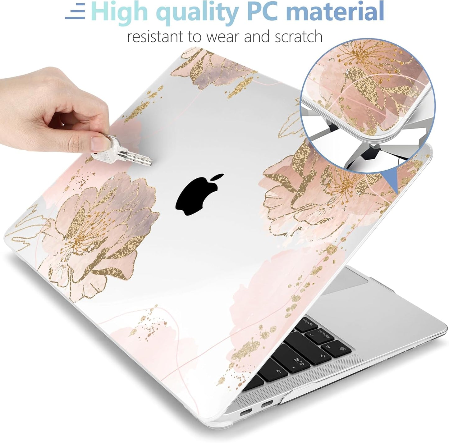 MEEgoodo for MacBook Air 13.3 inch Case 2021 2020 2019 2018 A2337 M1 A2179 A1932, Hard Shell with Keyboard Webcam Cover & Trackpad Film & Type C Adapter for MacBook Air M1, Pink Peony Flowers