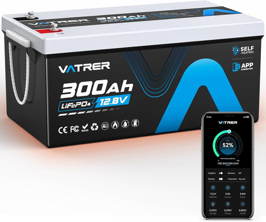 12V 300AH Bluetooth LiFePO4 Lithium Battery with Self-Heating, Built-in 200A BMS, Supports Low Temp Charging(-4°F), 5000+ Cycles, Max 2560W Power, Perfect for RV/Camper and Off-Grid Applications, etc.