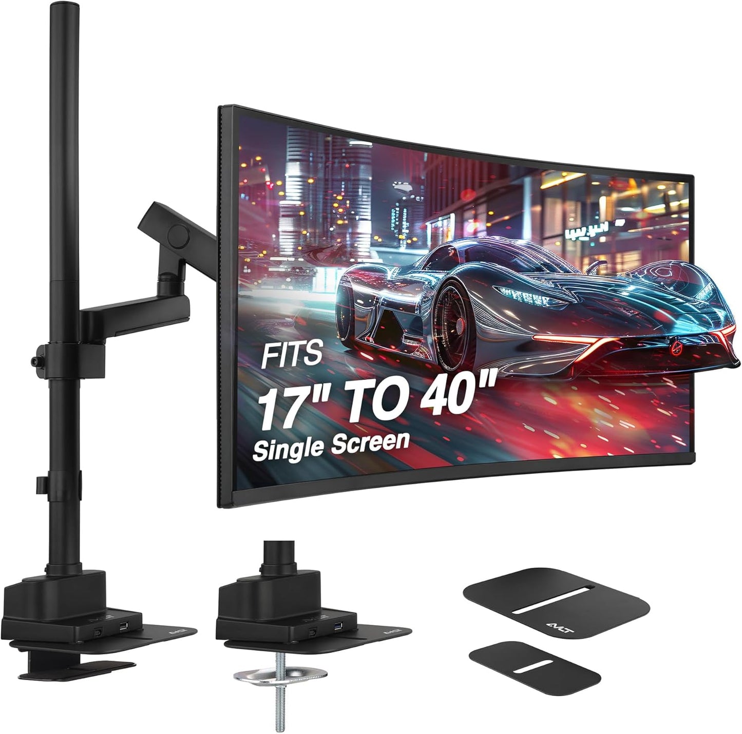 AVLT Single 40 Inch Monitor Arm Pole Top Mount With USB-C USB-A Ports-Black, Supports 26.4 lbs (12kg), Ultrawide screen fit, VESA Compatible, Tilt, Swivel, Rotate, Ergonomic adjustable height, Durable