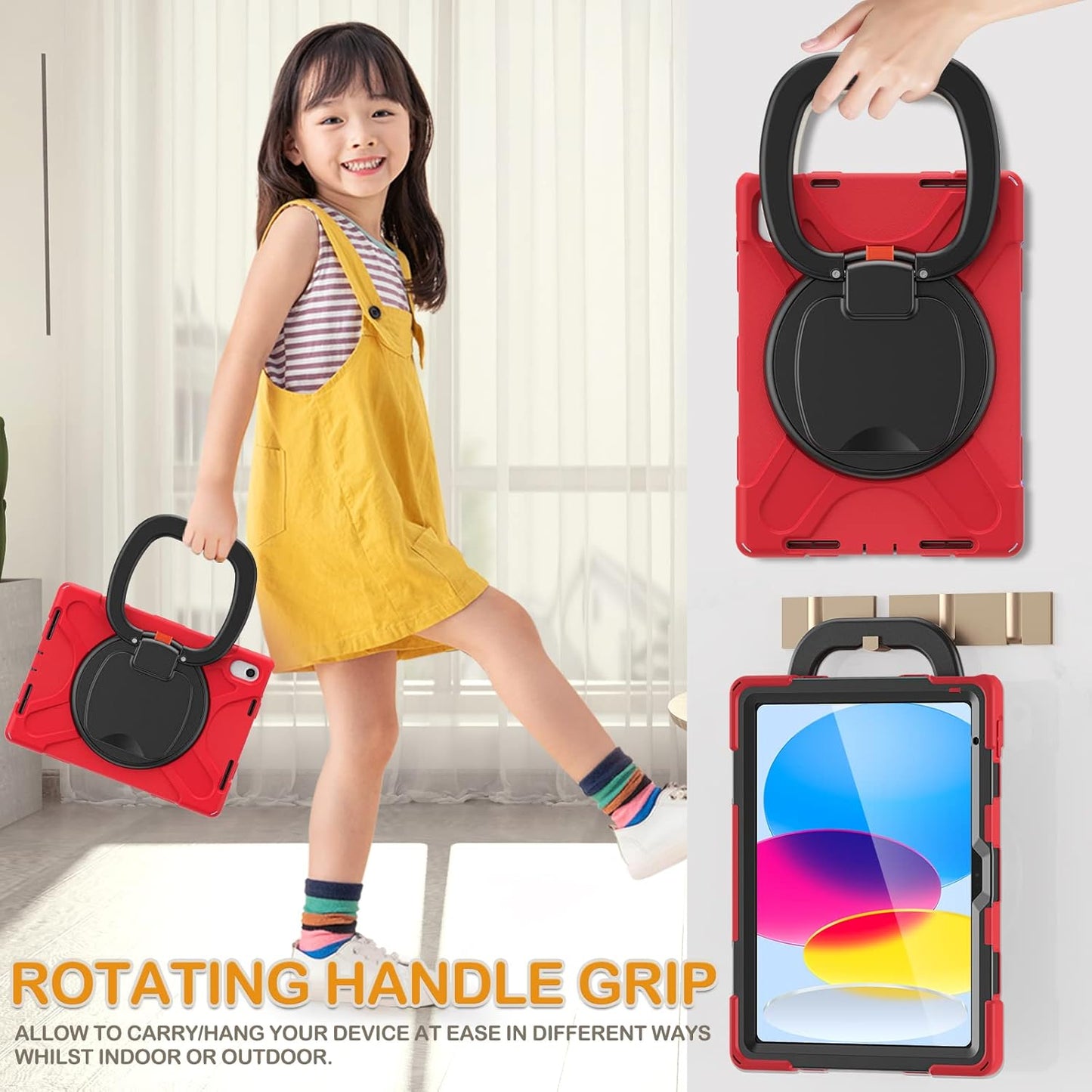 BRAECN Kids Case for iPad (A16) 11th/10th Generation 11”/10.9'' 2025/2022, Heavy Duty Rugged Silicone Cover w/Swivel Ring Stand/Stable Kickstand/Shoulder Strap/Pencil Holder/Screen Protector, Red