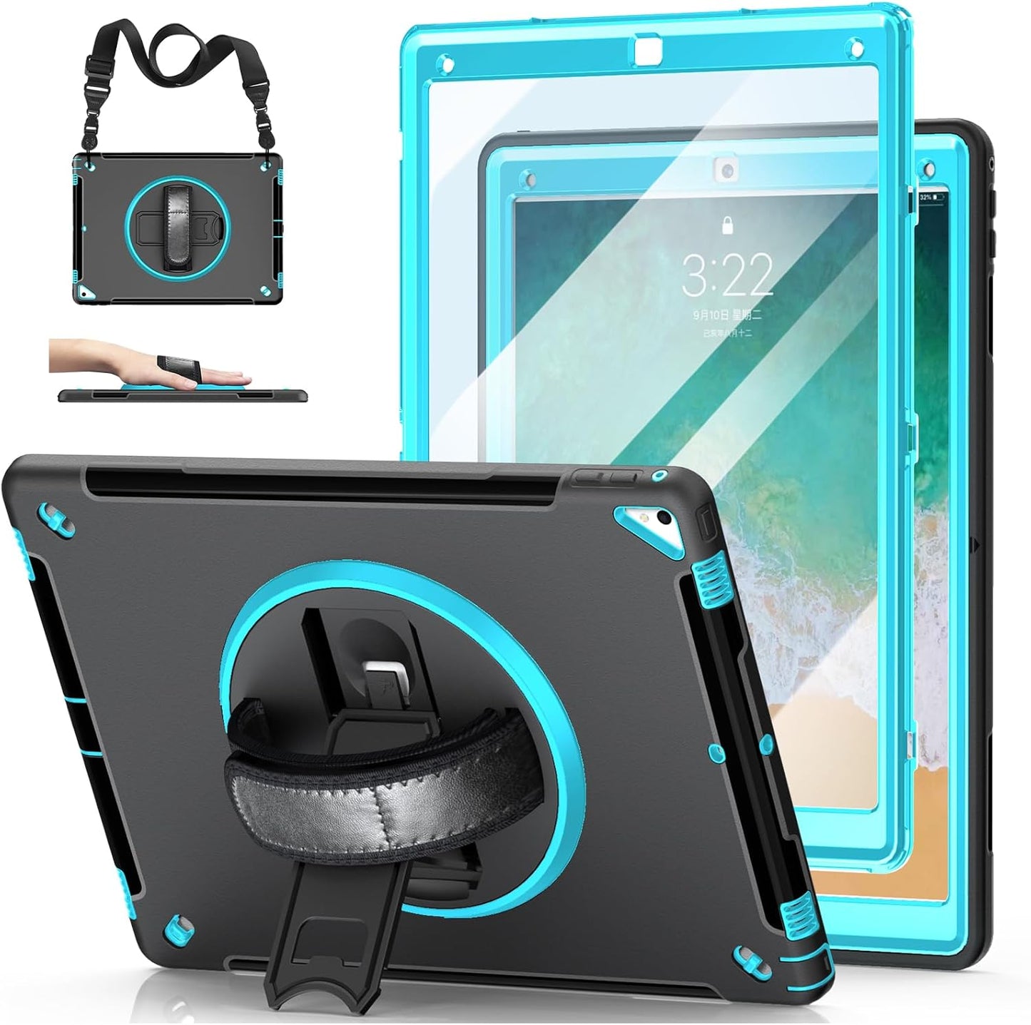 Case for iPad Pro 12.9 2nd Generation 2017& 2015 1st Generation, Heavy Duty Rugged TPU Protective Cover with Screen Protector- Stand + Handle Hand & Shoulder Strap + Pencil Holder- Mint Green