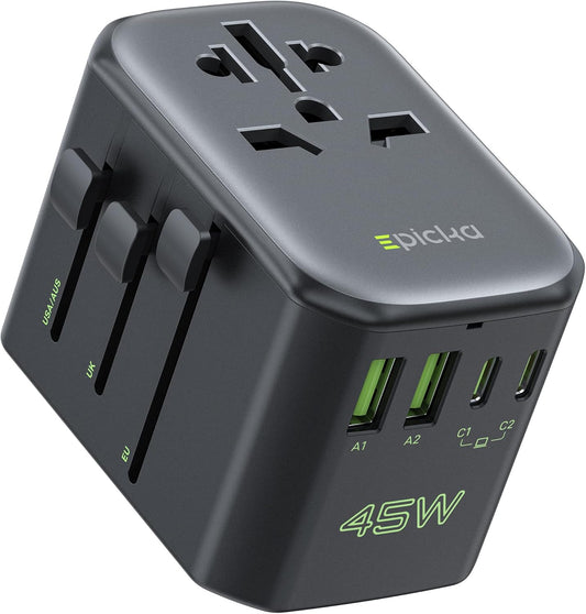 EPICKA Pulse 45W European Travel Plug Adapter, Universal Power Adapter with PD Fast Charging, 5-Port (1 AC/2 USB-A/2 USB-C) International Charger Adapter for Europe, Japan - Travel Essentials (Black)