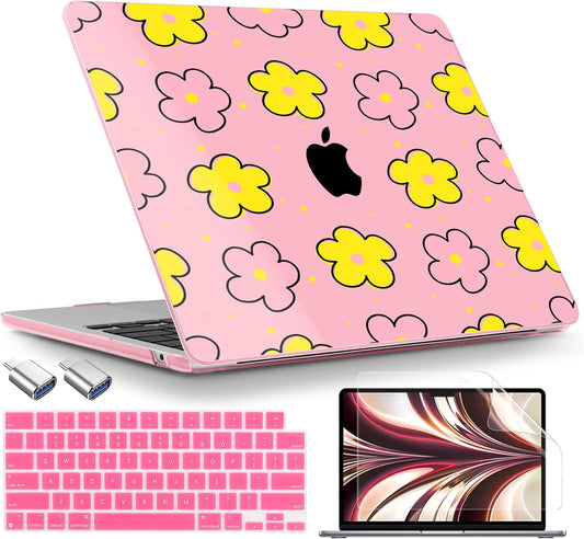 TWOLSKOO Compatible with M4 MacBook Air 13.6 inch Case 2025-2022 Release M4 A3240 M3 A3113 M2 A2681, Plastic Hard Shell & Keyboard Cover & Type C Adapter & Screen Protector, Cute Pink Flowers