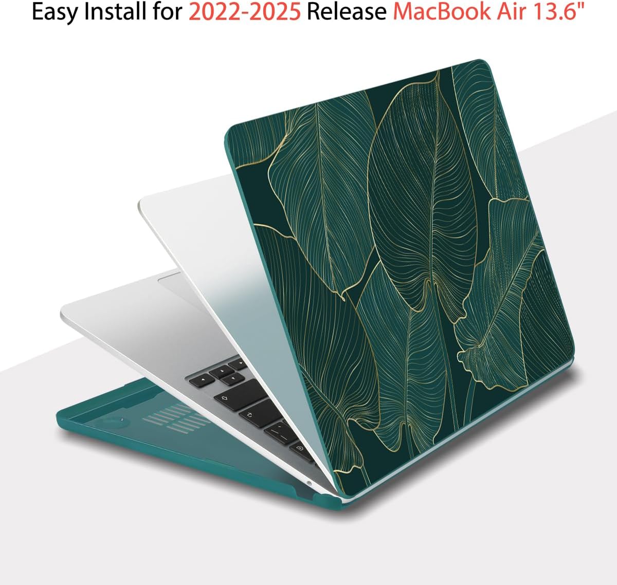 Teryeefi Compatible with MacBook Air 13.6 Case M2 M3 M4 2022-2024 2025 Release (Model:A2681 A3113/A3240), Plastic Hard Shell Cover with Screen Protector & Keyboard Cover & USB 3.0 Adapter, Green Leaf