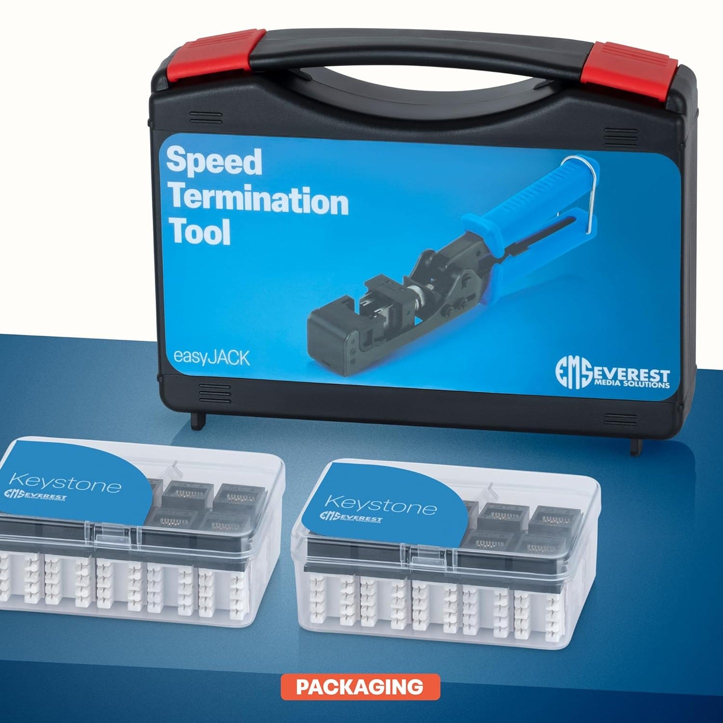 Everest easyJACK - 90° Angled Speed Termination Keystone Tool Set - with 20-Pack of RJ45 Cat6 Keystone Jacks in Black (Slim Profile Design) - Time Saver Network Punch Down Tool Cat6