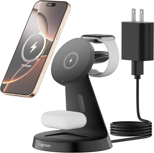 Magnetic Wireless Charger Stand 3 in 1 Charging Station 15W Fast Charging Stand Wireless Charger for iPhone16/15/14/13/12 Series, Watch Series, Earphone,Non-Slip Base