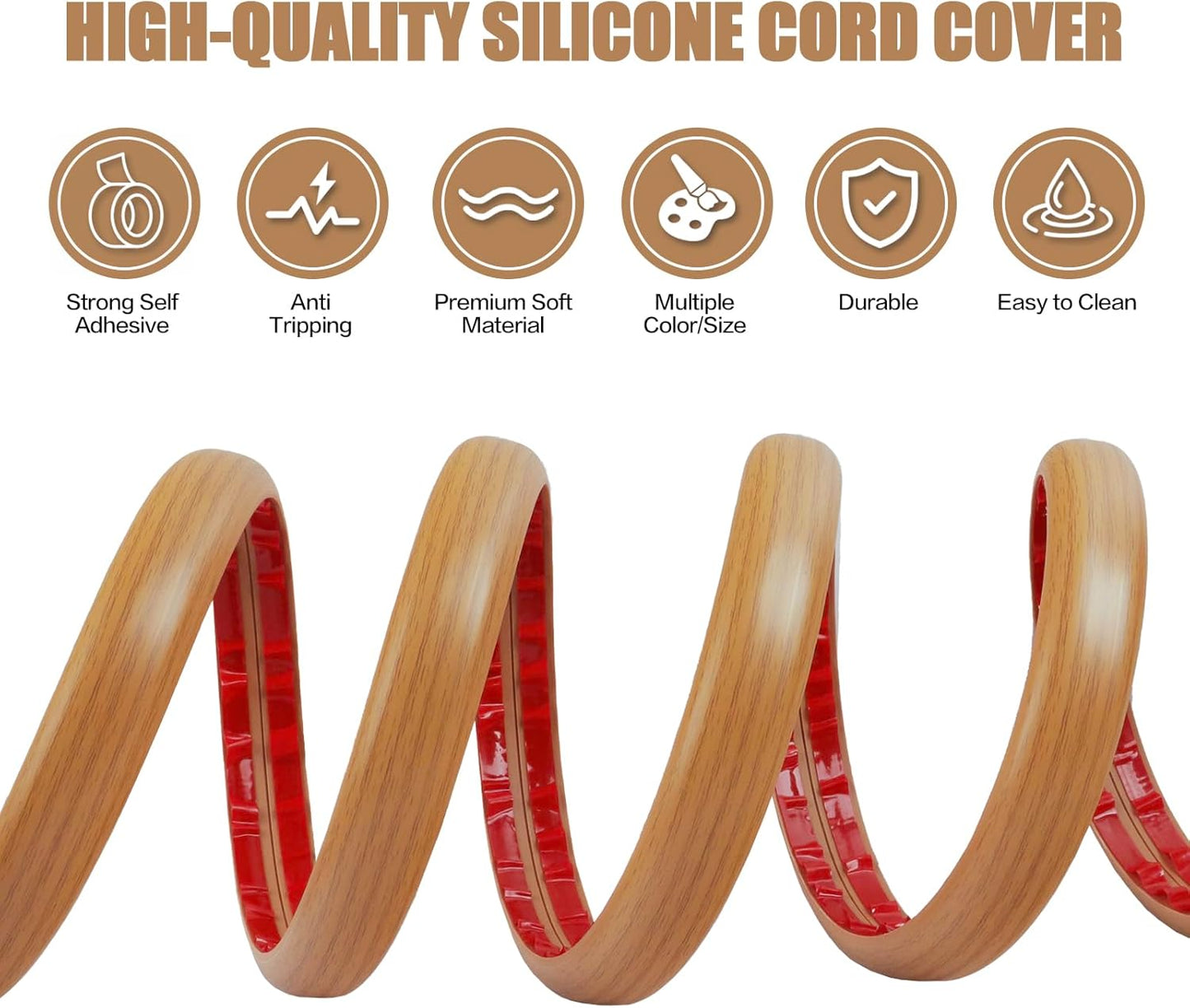 Floor Cord Cover Self Adhesive Cord Hider,3.3FT Cable Management, Extension Strip Protector for Wires, Prevent Cable Trips for Offices, Gyms, Exhibitions Cavity:0.3"(W) x 0.28"(H) Brown Wood