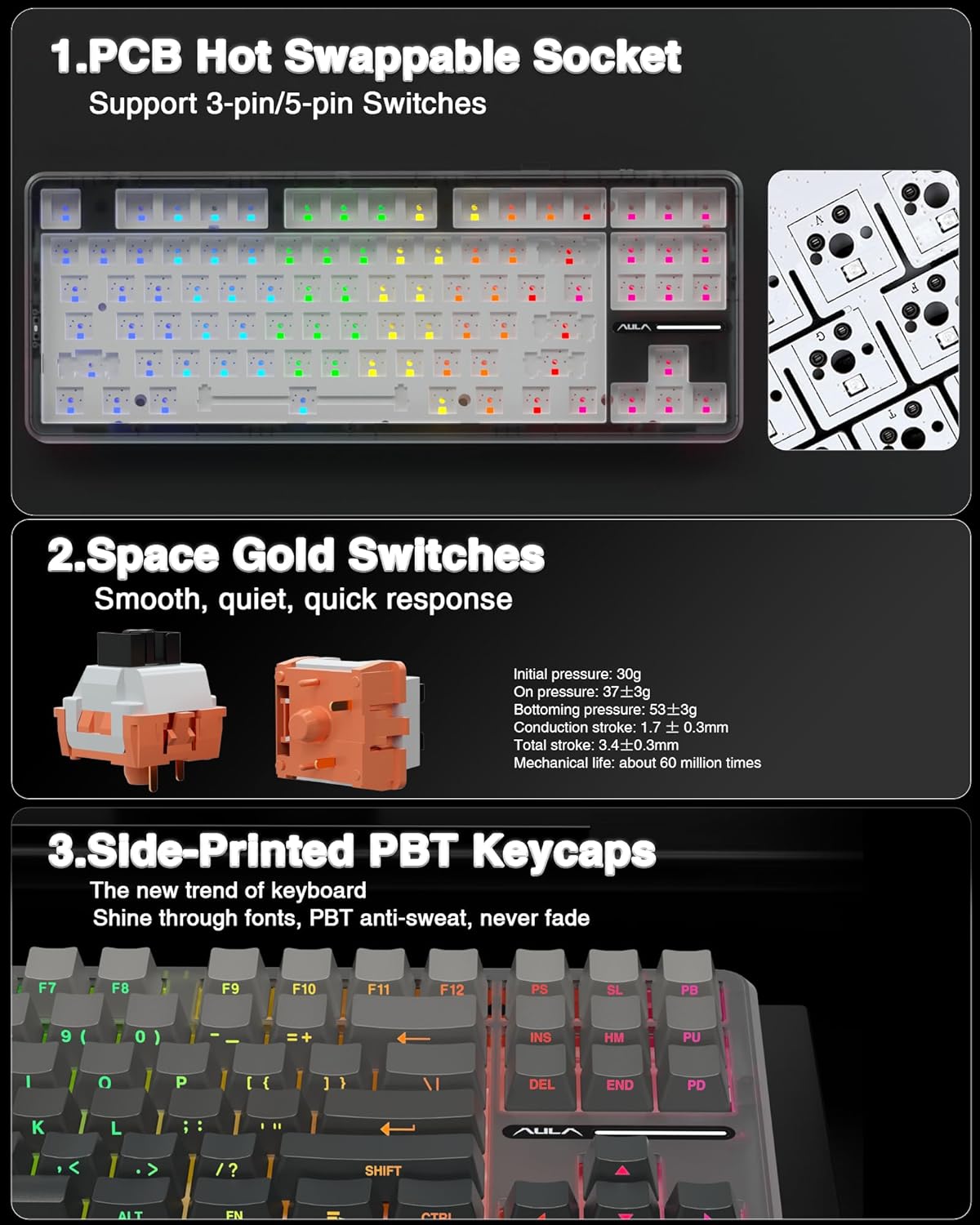 AULA F87 Pro Wireless Mechanical Keyboard,Tri-Mode BT5.0/2.4GHz/USB-C Hot Swappable Custom Keyboard,Pre-lubed Switches,Side Printed PBT Keycaps,75% TKL RGB Backlit Gaming Keyboards